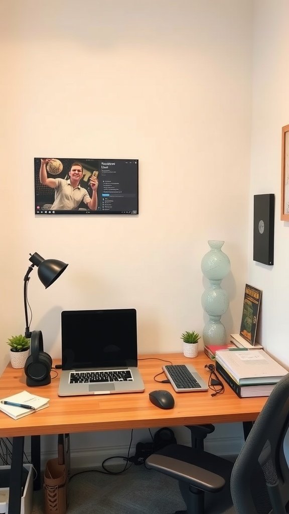 Small home office setup with a desk, laptop, and decorative items