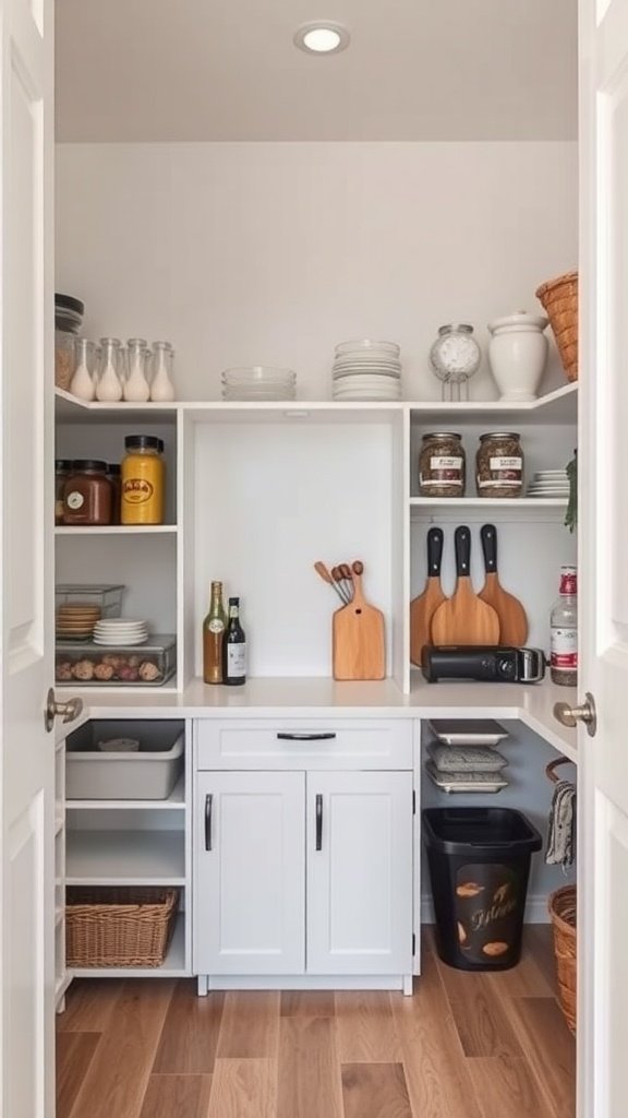 A compact built-in pantry with shelves and storage options.