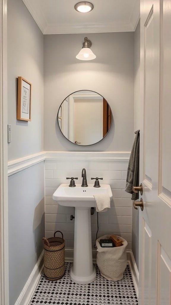 A stylish small half bathroom with a round mirror and modern fixtures.