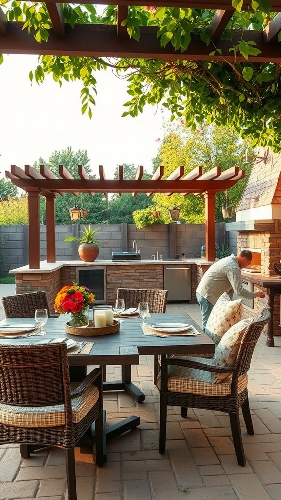 Outdoor kitchen with dining area featuring a table and chairs.