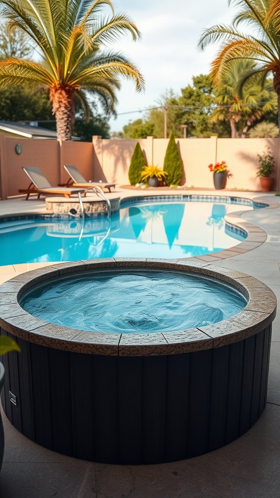 A cozy hot tub beside a pool surrounded by palm trees