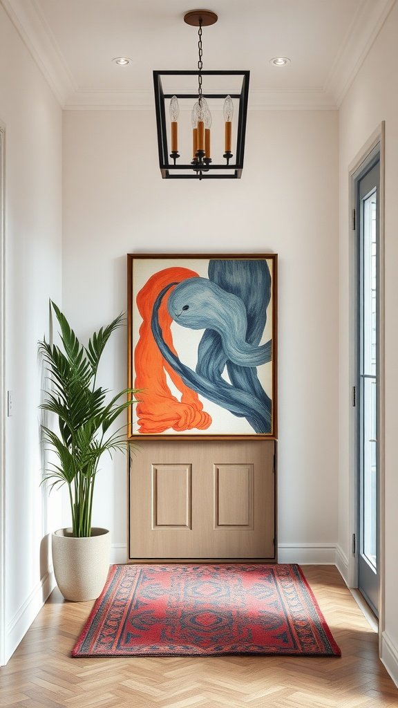 A stylish entryway featuring a colorful piece of artwork, a potted plant, and a patterned rug.
