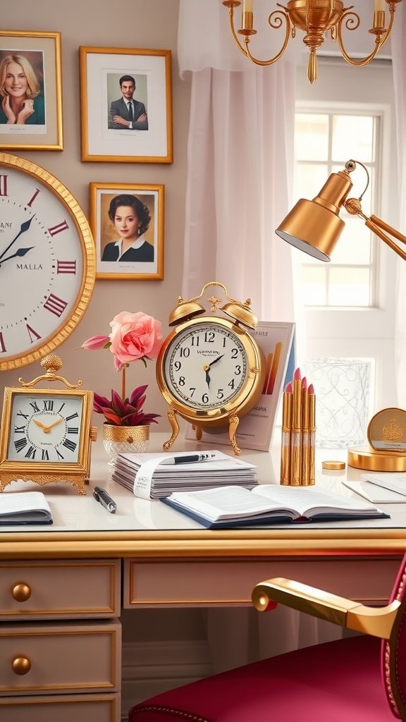 A feminine home office with gold accents, clocks, and stylish decor.