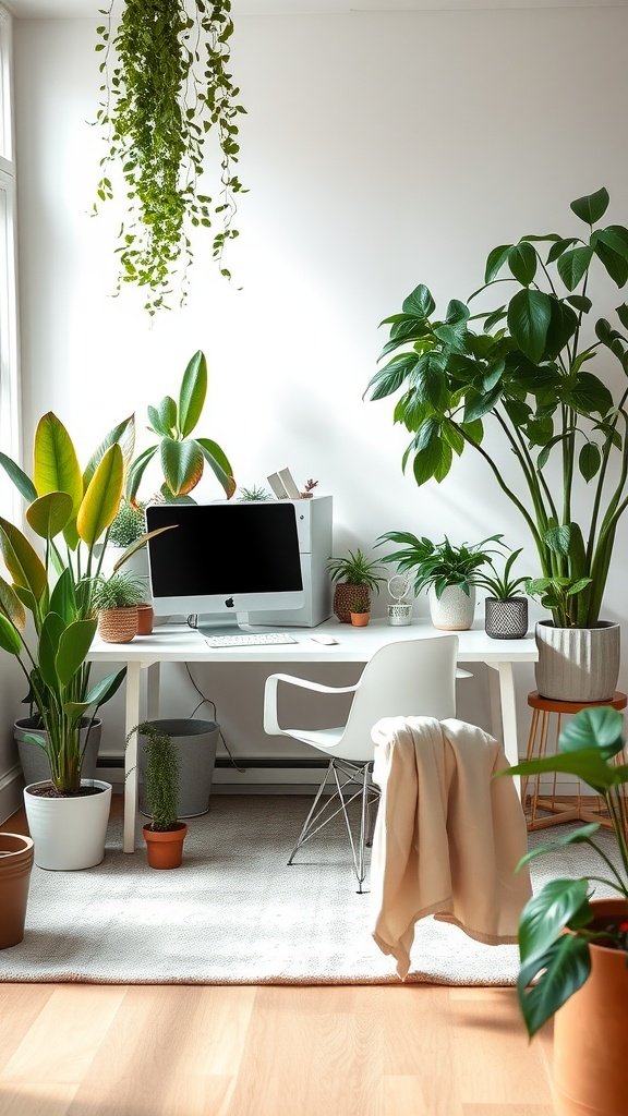 Bright office area in living room with various plants and a computer desk.