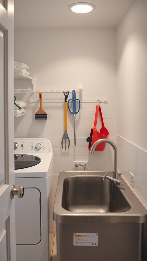 A small laundry room with a utility sink next to a washing machine, featuring colorful cleaning tools hanging on the wall.