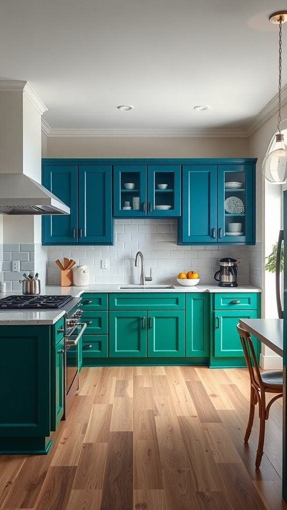 Two-tone kitchen with teal lower cabinets and blue upper cabinets