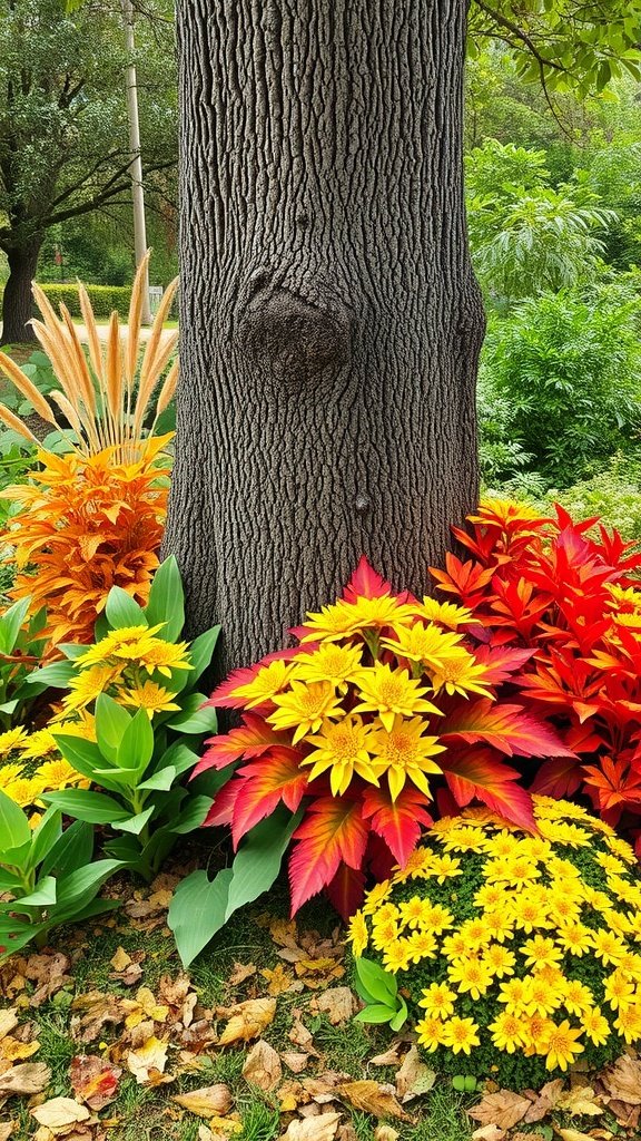 Colorful foliage and flowers surrounding the base of a tree.