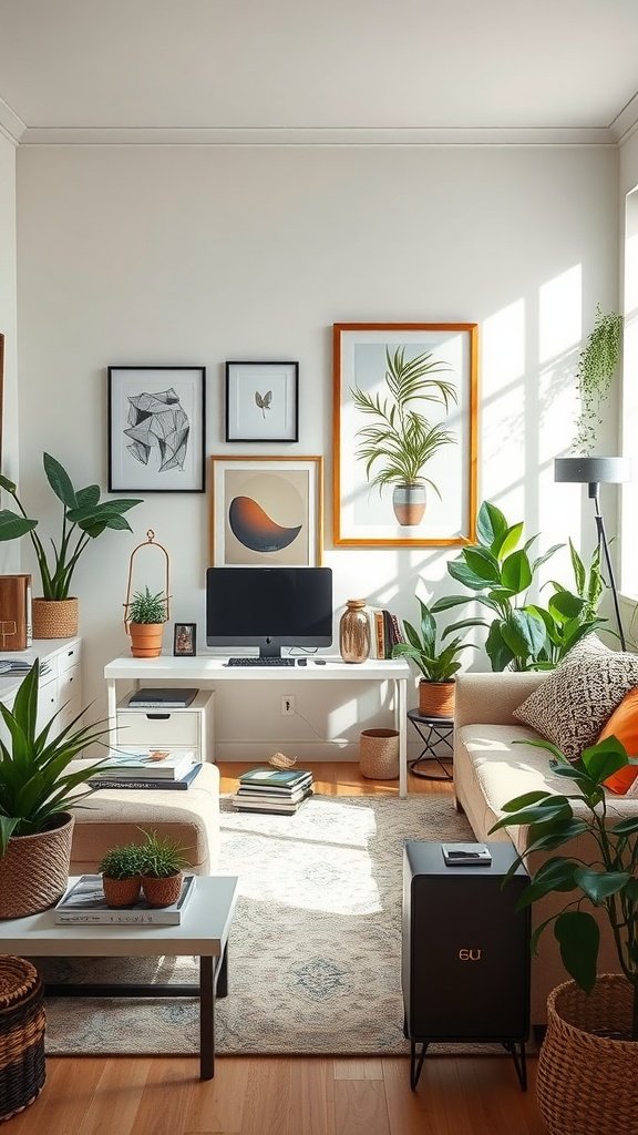 A stylish living room with office setup, featuring plants, art, and cozy seating.