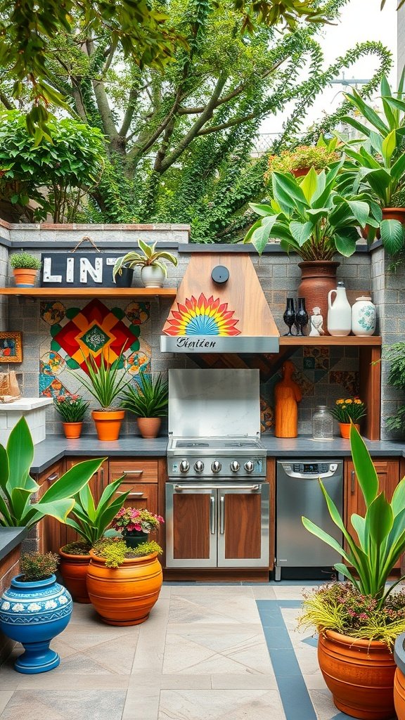 Decorative outdoor kitchen with colorful pots and vibrant plants