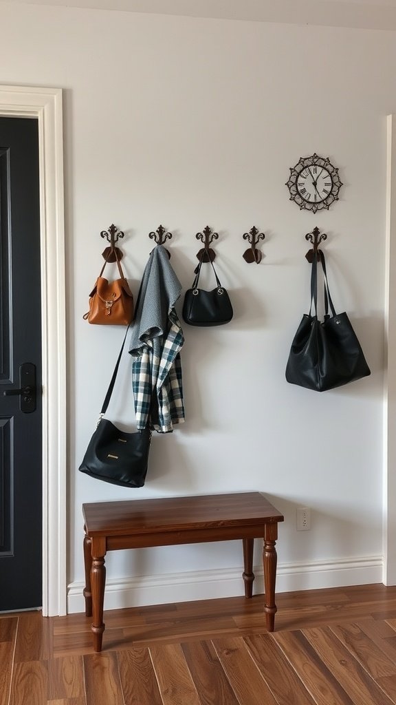 Entryway with hooks for coats and bags, featuring a wooden bench and a clock.