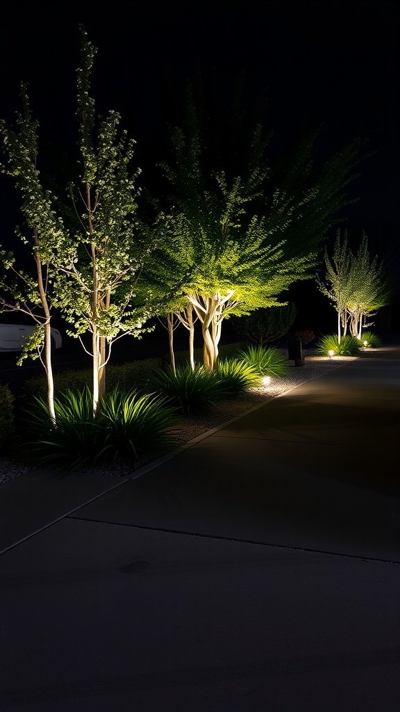 Illuminated driveway landscaping at night with trees and plants.