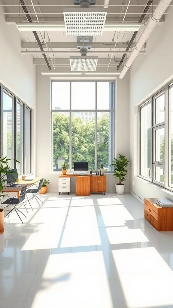 Bright and airy home office with large windows and plants