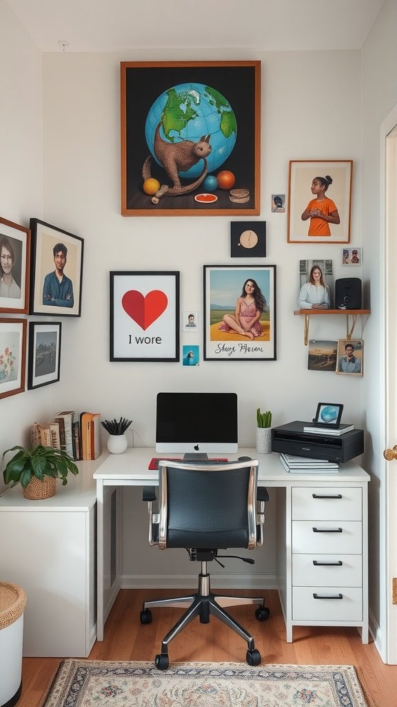 Cozy home office setup featuring a desk, chair, and artwork on the walls.