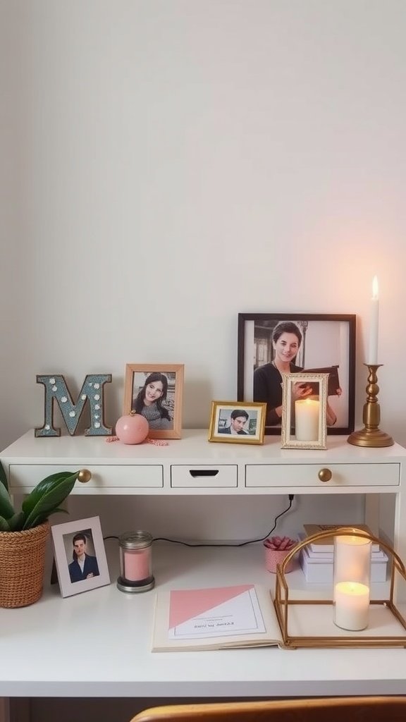 A feminine home office setup with personal decor items like candles and photos.
