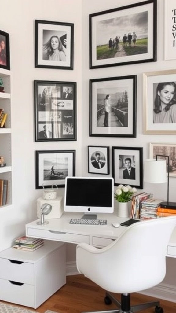 A stylish small home office with framed photos on the wall and a simple desk setup.