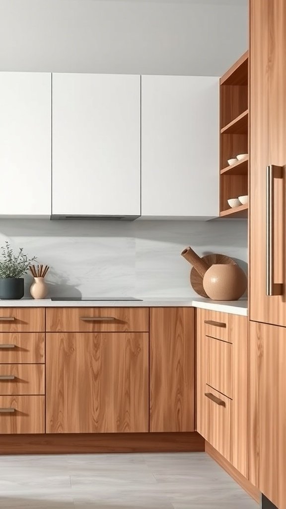 Modern kitchen with tan lower cabinets and white upper cabinets.