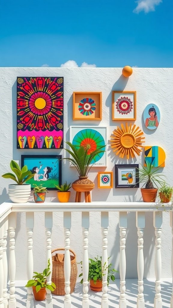 Decorated balcony with wall art, plants, and colorful accents.