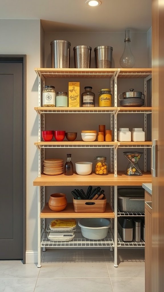 A modern kitchen storage area with adjustable shelves displaying organized kitchen items.