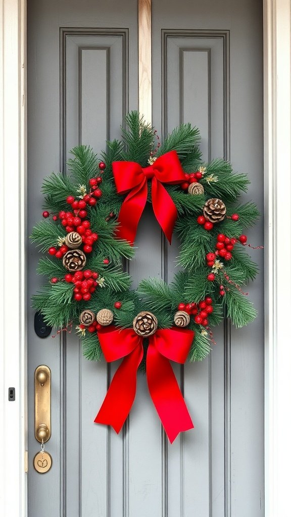 A beautifully decorated winter wreath with red bows, pinecones, and winter foliage, hanging on a gray door.