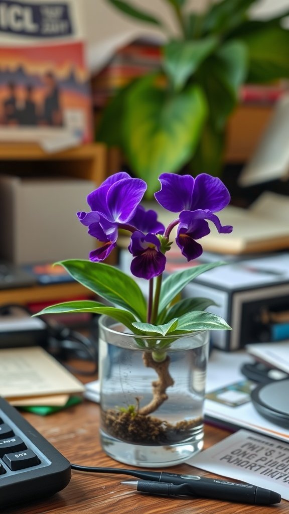 An African Violet in a glass vase filled with water, showcasing its purple flowers and green leaves.