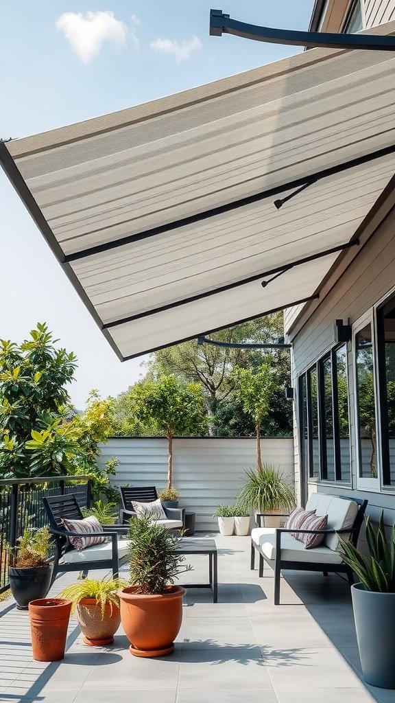 A modern patio with aluminum awning and potted plants.