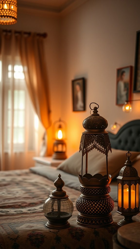 A beautifully decorated Indian bedroom with ambient lighting, showcasing vintage lanterns and warm tones.