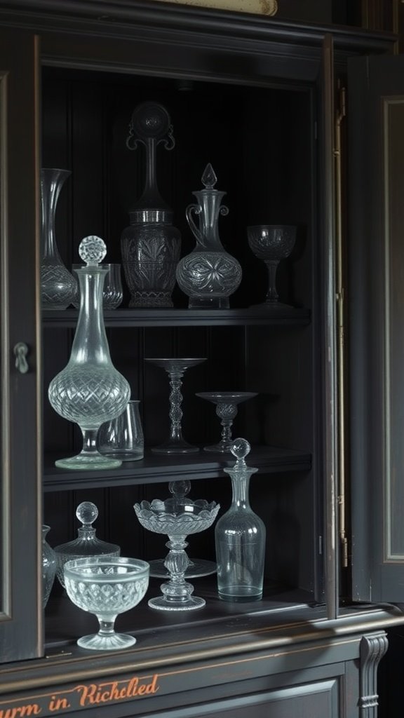 A collection of antique glassware displayed in a dark cabinet.
