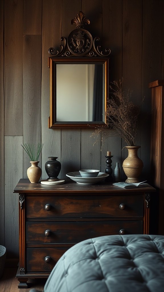 Antique mirror above a wooden dresser with rustic decor in a cozy bedroom setting.