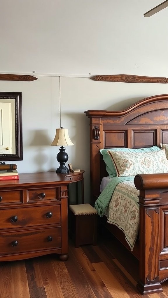 A cozy bedroom featuring antique western furniture with a wooden bed and dresser.