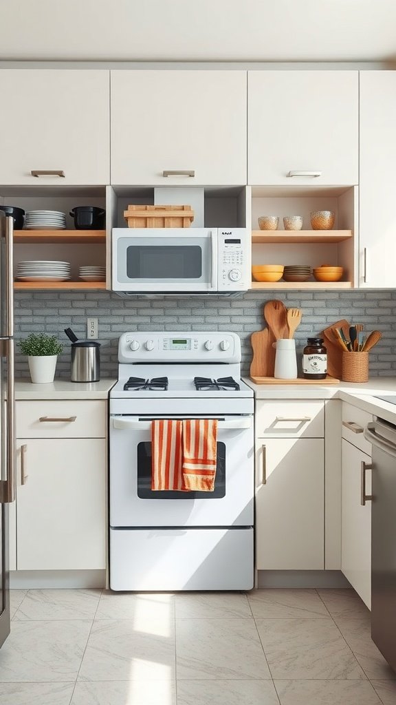 A well-organized kitchen with a stove, microwave, and neatly arranged cabinets.