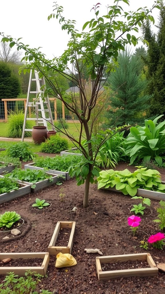 A landscaped garden featuring a small tree surrounded by various plants and flower beds.
