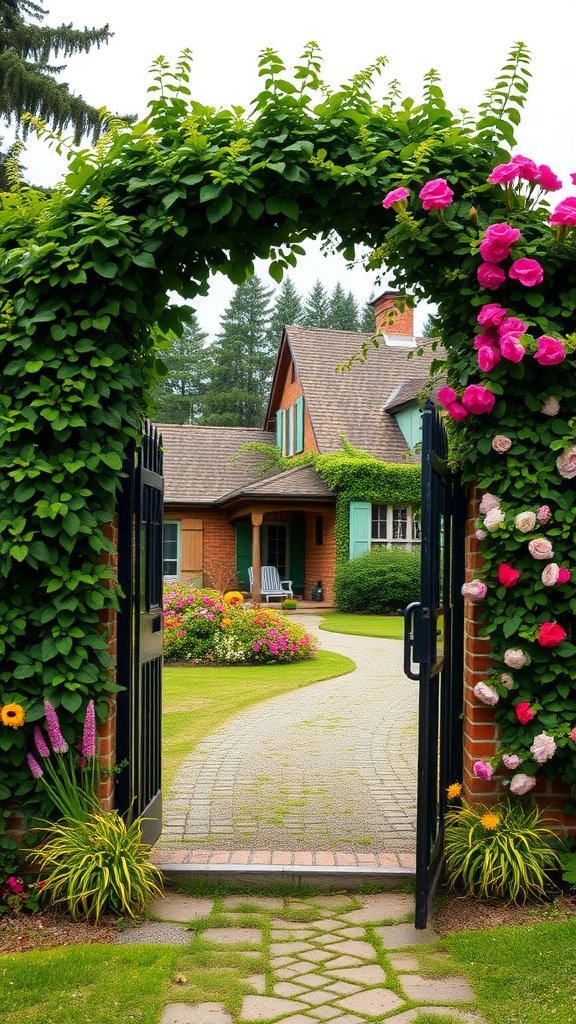An arched garden gate surrounded by lush greenery and colorful flowers.