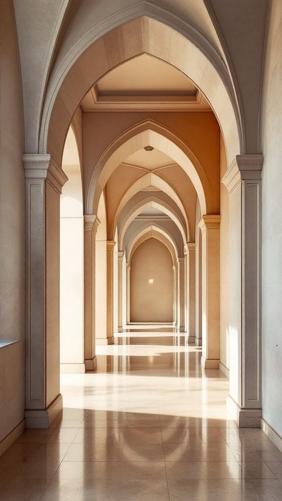 View of a long corridor with high arches and elegant architectural details.