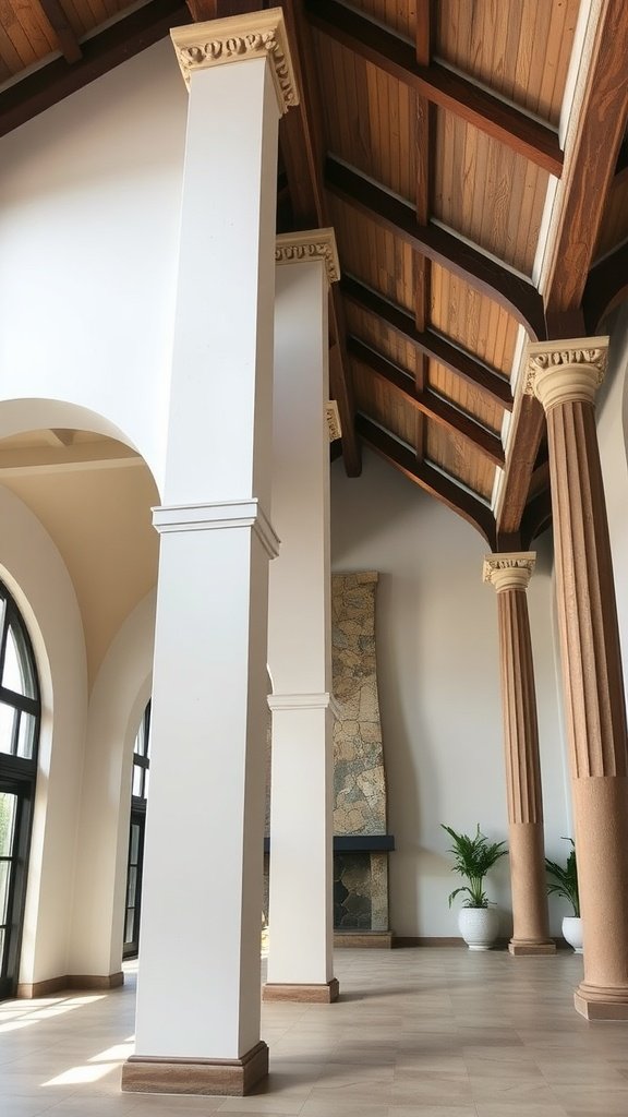 Interior of a spacious room with high ceiling, exposed wooden beams, and elegant columns.