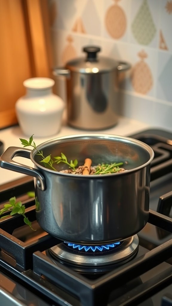 A pot with spices simmering on the stove in a cozy kitchen setting.