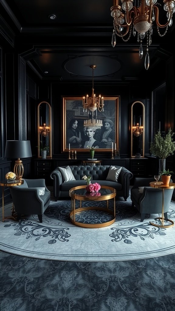 Stylish black living room with Art Deco inspirations featuring elegant furniture and decor.
