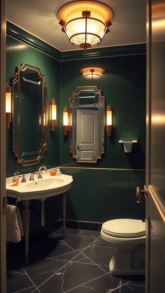 Art Deco inspired bathroom with dark green walls and gold accents