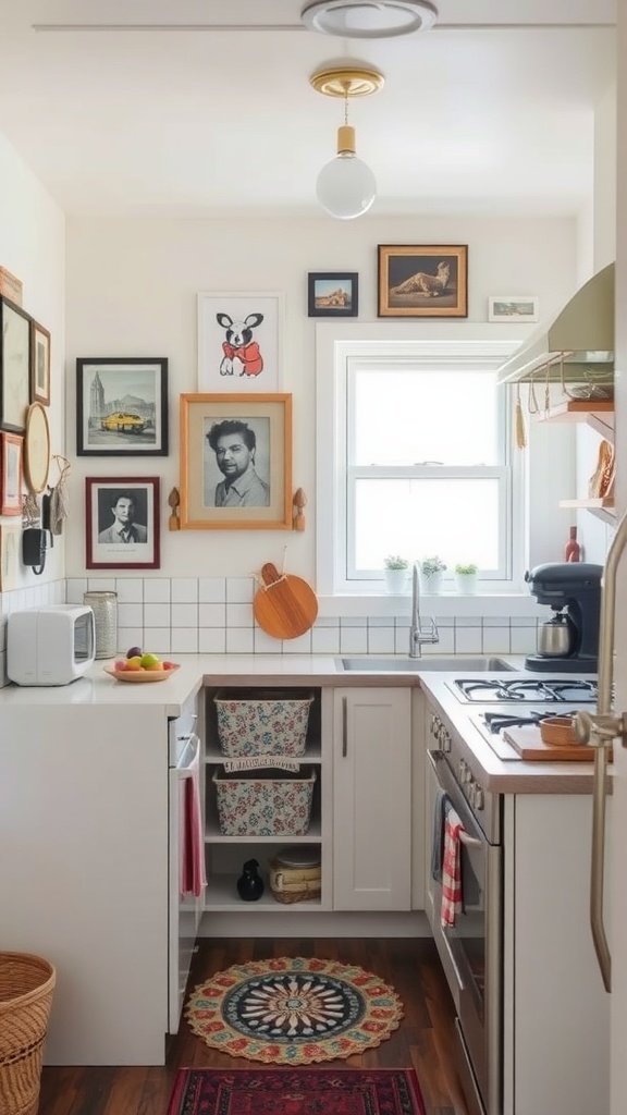 Cozy and decorated tiny kitchen with art on the walls and colorful storage baskets.