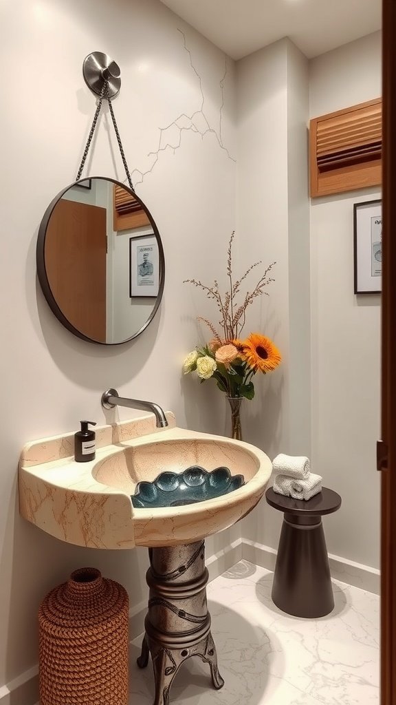 Artful sink design in a modern half bathroom featuring a decorative basin and stylish stand.