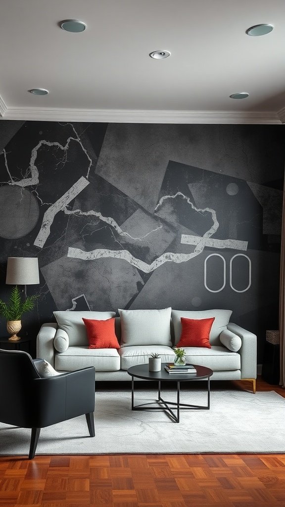 A stylish living room with dark chalkboard walls and modern furniture.