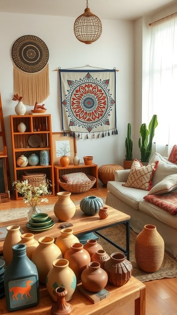 A colorful boho living room featuring artisan-made vases and decor.