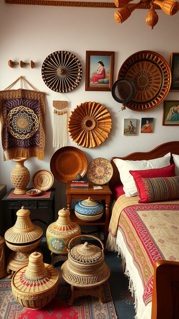 Artisan craftsmanship in Indian bedroom decor showcasing woven baskets and wall art.