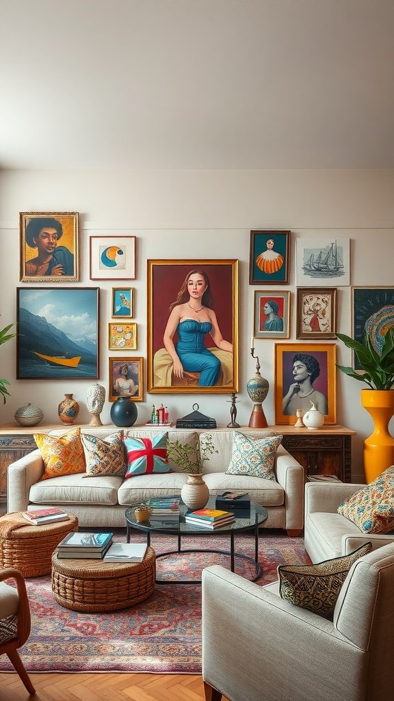 A vibrant living room filled with eclectic art pieces and colorful accents, showcasing a cozy atmosphere.