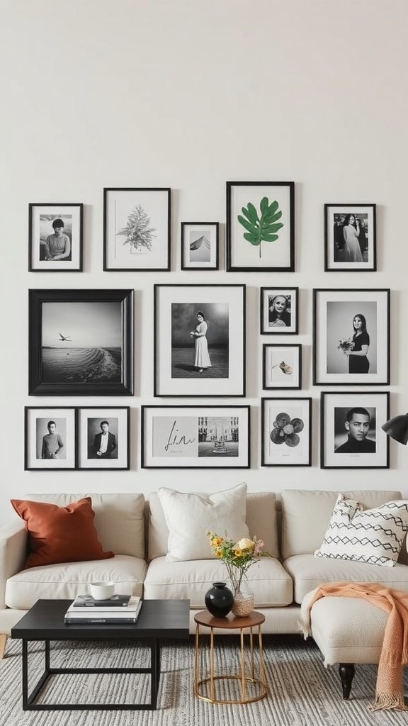 A stylish gallery wall featuring various framed artworks and photos in a cozy living room setting.