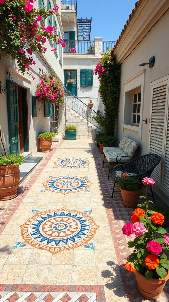 Colorful mosaic tiles on a patio with flowers and seating.