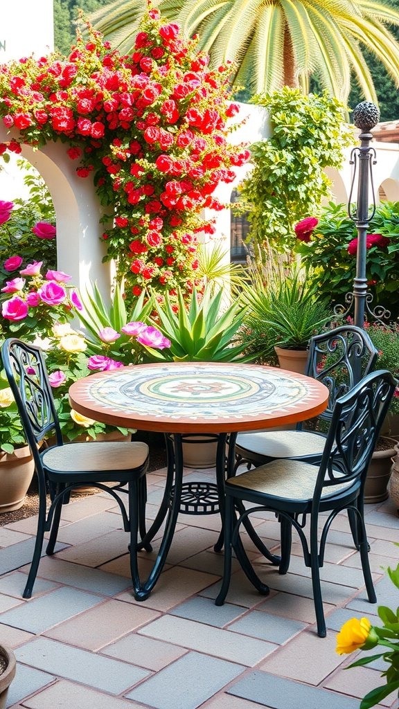Colorful mosaic table set among vibrant flowers in a garden
