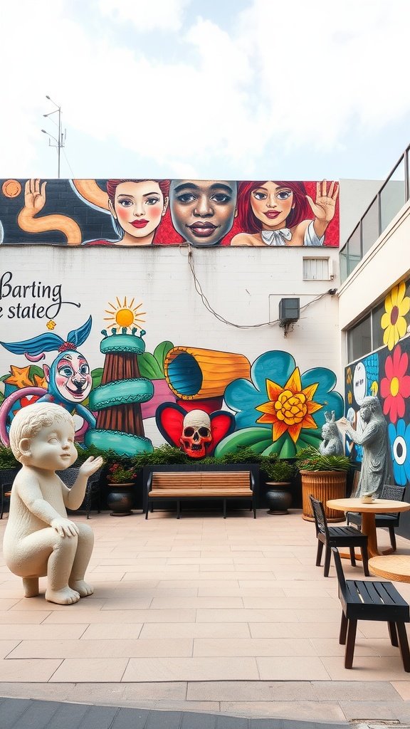 Outdoor sitting area with colorful murals and sculptures