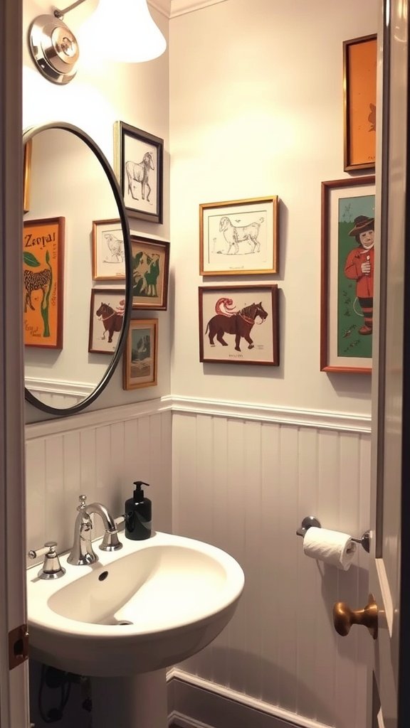 A small half bathroom featuring framed artwork on the walls, a circular mirror, and a modern sink.