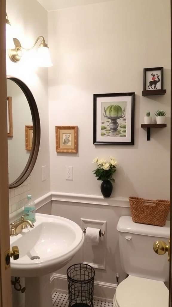 A cozy half bathroom featuring artistic wall decor, including framed pictures and a small plant.