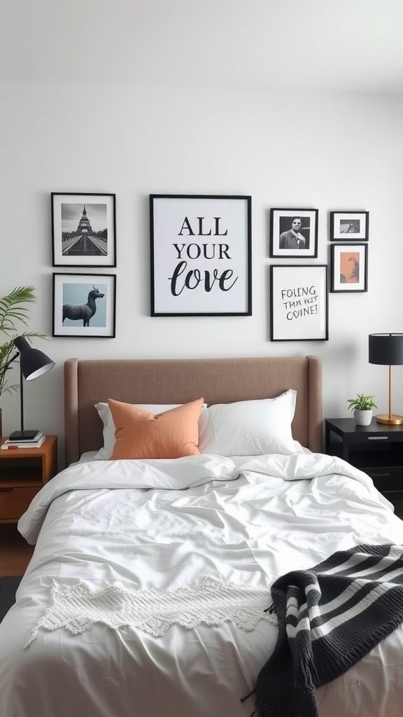 A stylish bedroom featuring a gallery wall with framed art pieces and a neatly made bed.